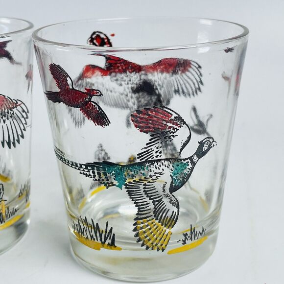 4 VTG Hazel Atlas Pheasant Hunter Low Ball Double Shot Barware Whiskey Glasses - Picture 2 of 10